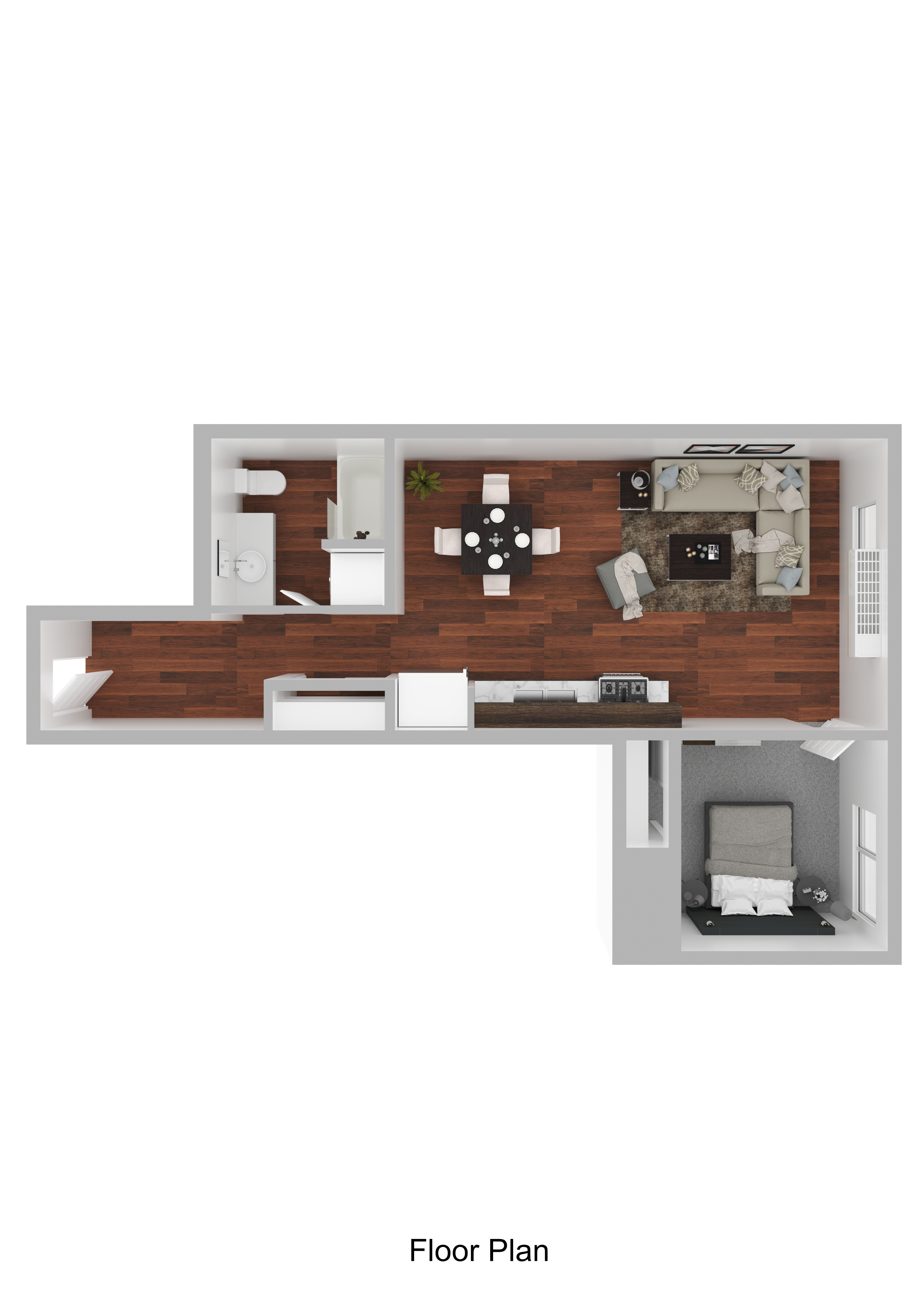 A floor plan of a small apartment with a kitchen, living room, and bedroom.