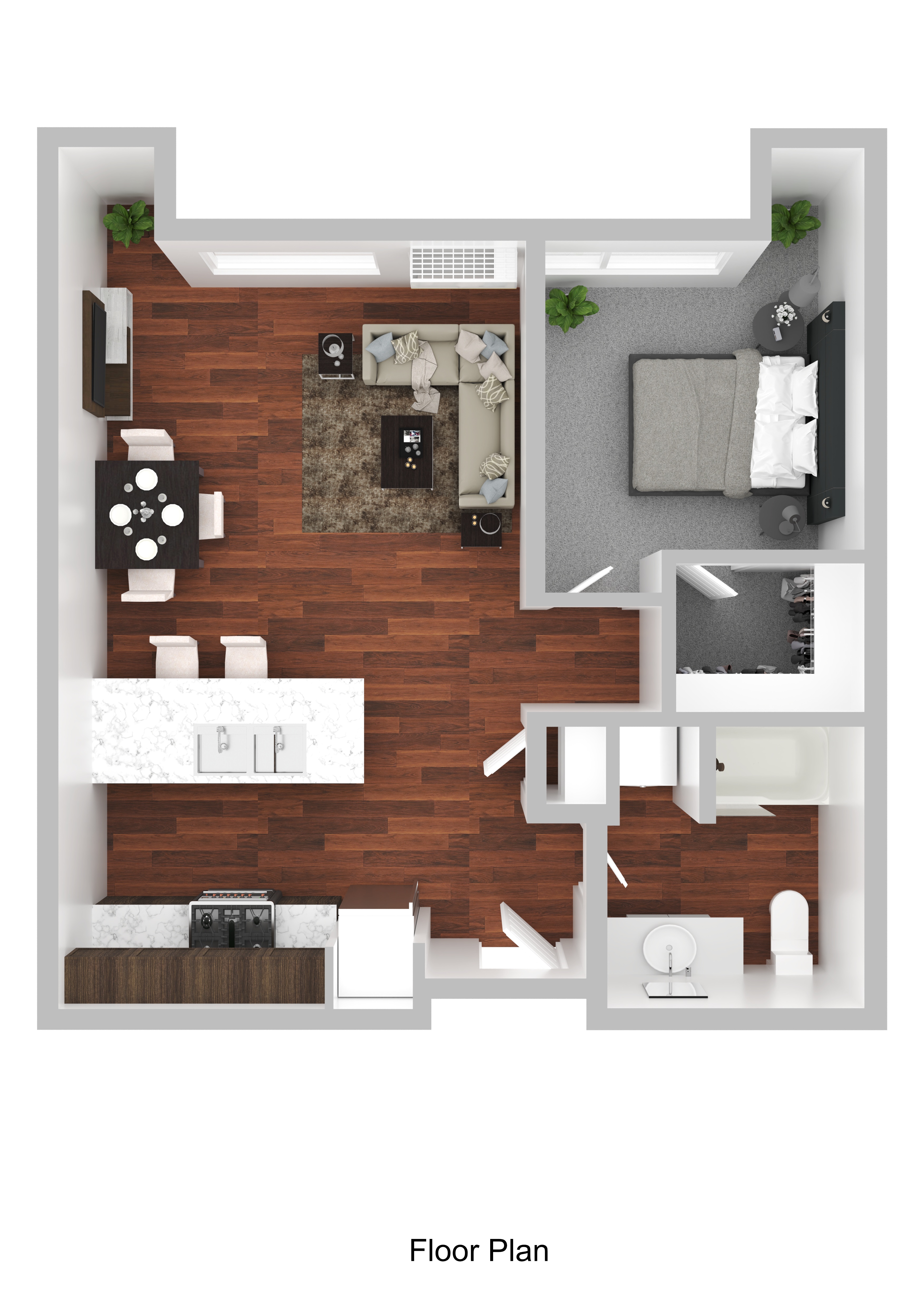 A floor plan of a house with a living room, kitchen, and bathroom.