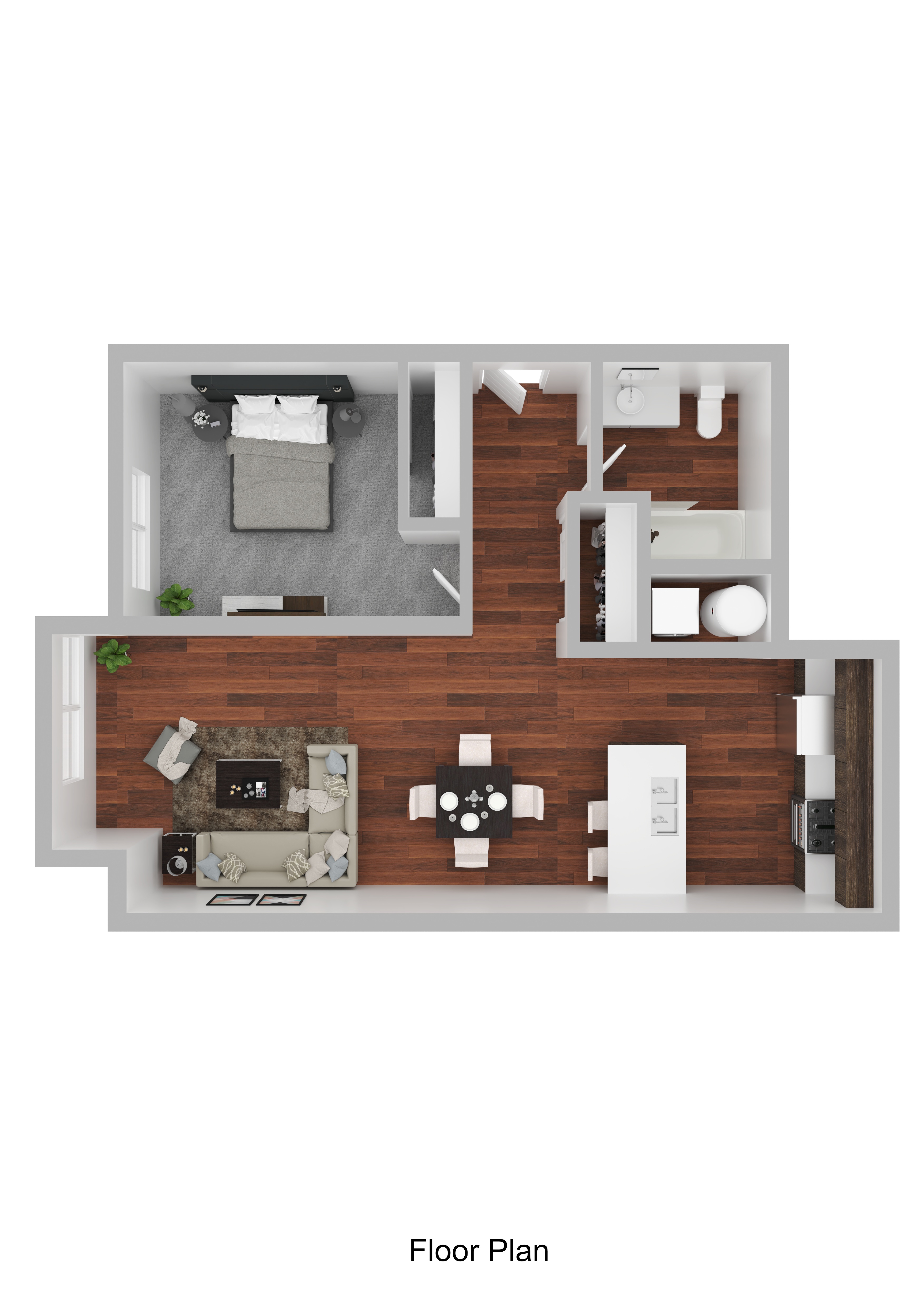 A floor plan of a small apartment with a living room, kitchen, and bathroom.