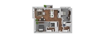 A 3D floor plan of a house with a kitchen, living room, and bathroom.