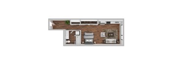 A top-down view of a small apartment with a kitchen, living room, and bathroom.
