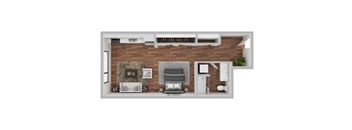 A top-down view of a living room with a couch, coffee table, and television.