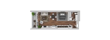 A top-down view of a modern bedroom with a bed, nightstand, and a desk with a chair.