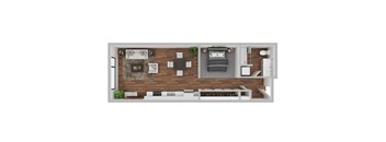A top-down view of a modern living room with a fireplace and a dining area.