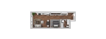 A floor plan of a room with a bed, desk, and kitchenette.