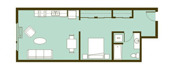 A floor plan of a house with a kitchen, living room, and two bedrooms.