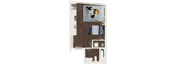 A floor plan of a small apartment with a kitchen, living room, and bathroom.