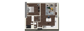 A floor plan of a house with a kitchen, living room, and bathroom.