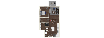 A floor plan of a house with a kitchen, living room, and two bedrooms.