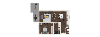 A floor plan of a house with a kitchen, living room, and two bedrooms.
