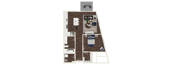 A floor plan of a house with a kitchen, living room, and two bedrooms.