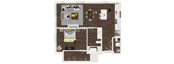 A floor plan of a house with a kitchen, living room, dining room, and bathroom.
