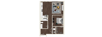 A floor plan of a small apartment with a kitchen, living room, and bathroom.