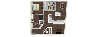 A top-down view of a house interior with a kitchen, living room, and dining area.