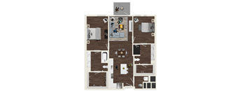 A top-down view of a floor plan showing a living room, kitchen, and bedrooms.