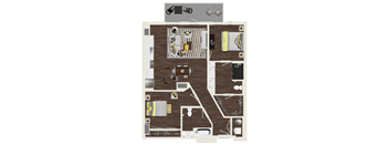 A floor plan of a house with a kitchen, living room, and two bedrooms.