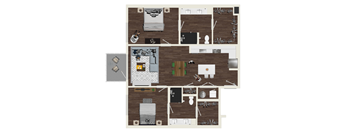 A floor plan of a house with a kitchen, living room, and two bedrooms.