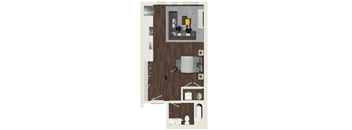 A floor plan of a house with a kitchen, living room, and bathroom.