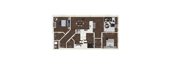 A floor plan of a house with a kitchen, living room, and two bedrooms.