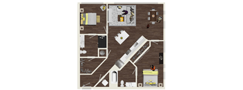 A floor plan of a house with a kitchen, living room, and bathroom.