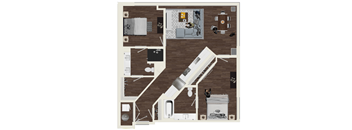 A top-down view of a house layout with a kitchen, living room, and bathroom.