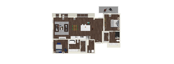 A floor plan of a house with a kitchen, living room, and two bedrooms.