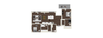 A floor plan of a house with a kitchen, living room, and two bedrooms.