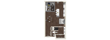 A floor plan of a room with a kitchen, living room, and bathroom.