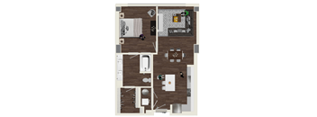 A floor plan of a house with a kitchen, living room, dining room, and bathroom.