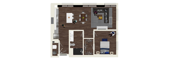 A top-down view of a kitchen with people in it.