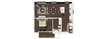 A floor plan of a house with a kitchen, living room, dining room, and bathroom.