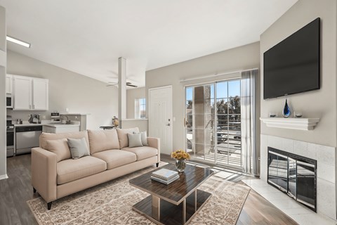a living room with a couch and a coffee table