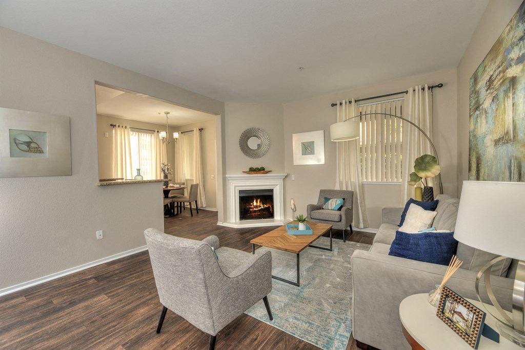 Living Room with Fireplace at Atwood Apartments, California