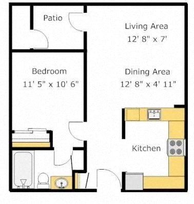 1 Bedroom 1 Bathroom Floor Plan at Del Norte Place Apartment Homes, El Cerrito