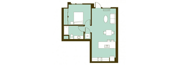 A floor plan of a house with a kitchen, living room, and two bedrooms.