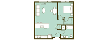 A floor plan of a house with a kitchen, living room, and two bedrooms.