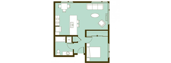 A floor plan of a house with a kitchen, living room, and bathroom.