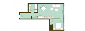 A floor plan of a house with a kitchen, living room, and two bedrooms.