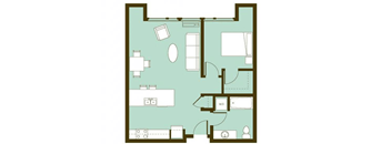 A floor plan of a house with a kitchen, living room, and two bedrooms.