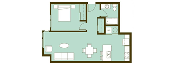 A floor plan of a house with a kitchen, living room, and two bedrooms.
