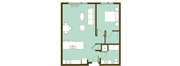 A floor plan of a house with a kitchen, living room, and two bedrooms.