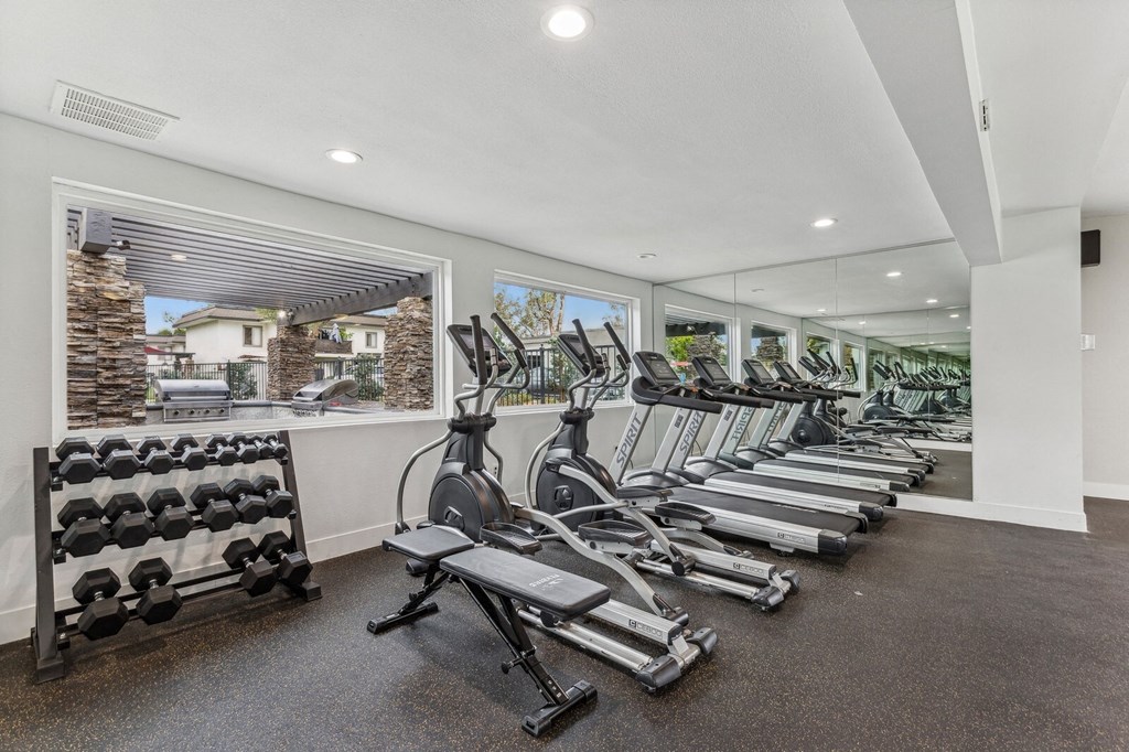 A gym with treadmills, weights, and exercise equipment.