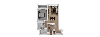 A top-down view of a small apartment with a kitchen, living room, and bedroom.