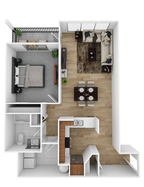 A top-down view of a small apartment with a kitchen, living room, and bedroom.