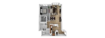 A top-down view of a small apartment with a kitchen, living room, and bathroom.