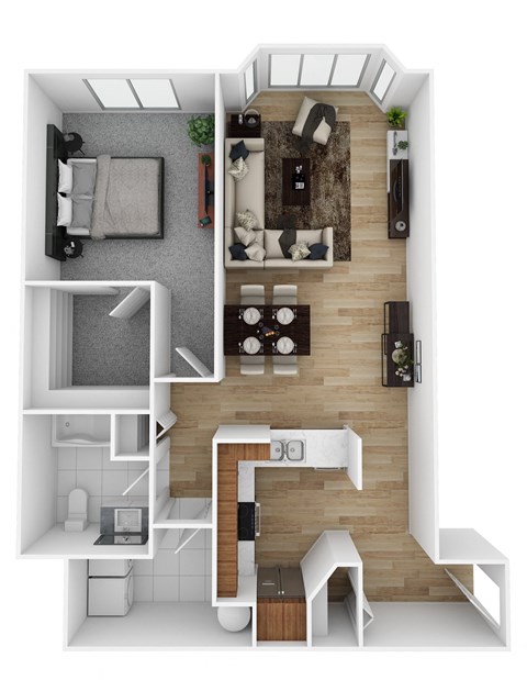A top-down view of a small apartment with a kitchen, living room, and bathroom.