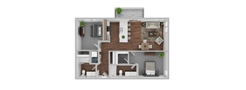 A 3D floor plan of a house with a living room, kitchen, and two bedrooms.