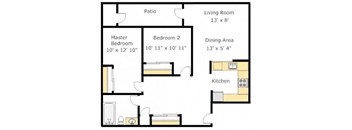 2 Bedroom 1 Bath Floor Plan at Del Norte Place Apartment Homes, El Cerrito, 94530