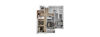 A 3D floor plan of a house with a kitchen, living room, and bathroom.