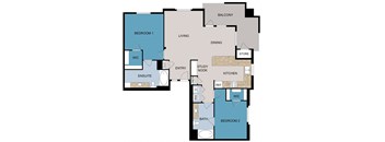 a floor plan of a bedroom apartment with a living room and a dining room